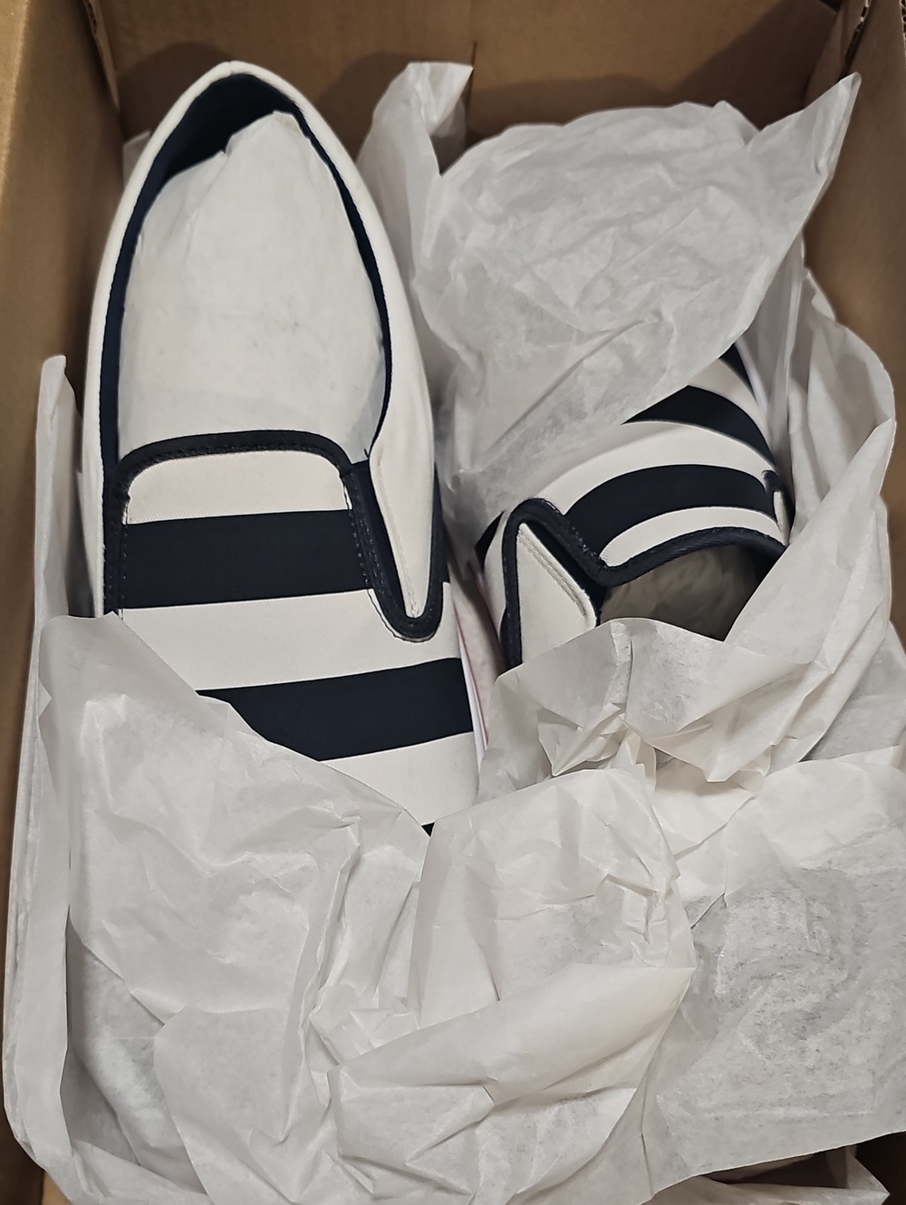 Sperry White and Navy Striped Slip-On Boat Shoes